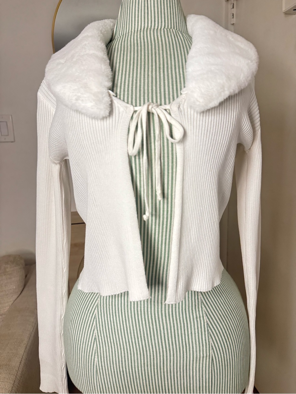 Edikted Cream Ribbed Tie-Front Cardigan with Faux Fur Collar